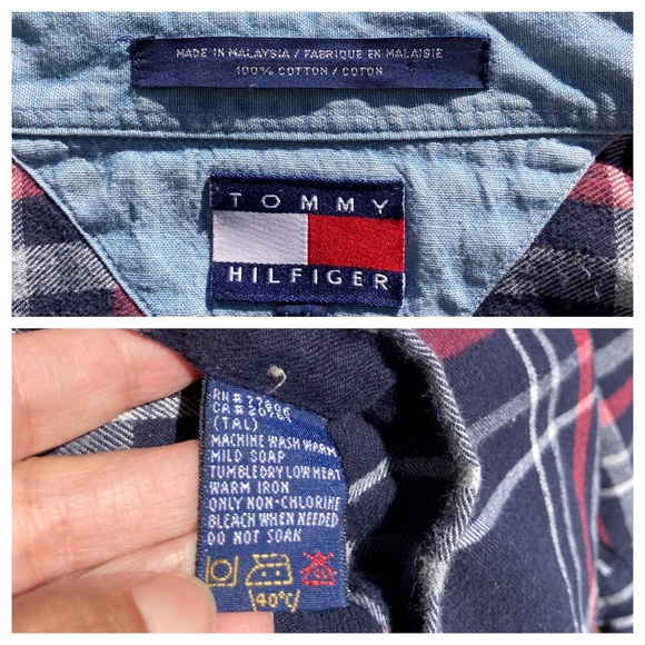 Soft Worn In Hilfiger Blue Plaid Flannel Shirt Grunge Unisex Work Shirt L - Picture 14 of 15